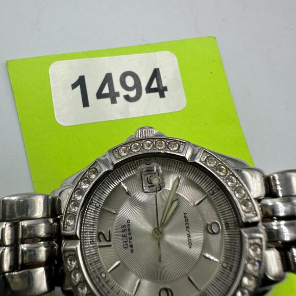 Guess Waterpro Watch Women Silver Tone Crystal Bezel Date Window 34MM Dial 6.25" - Picture 10 of 10